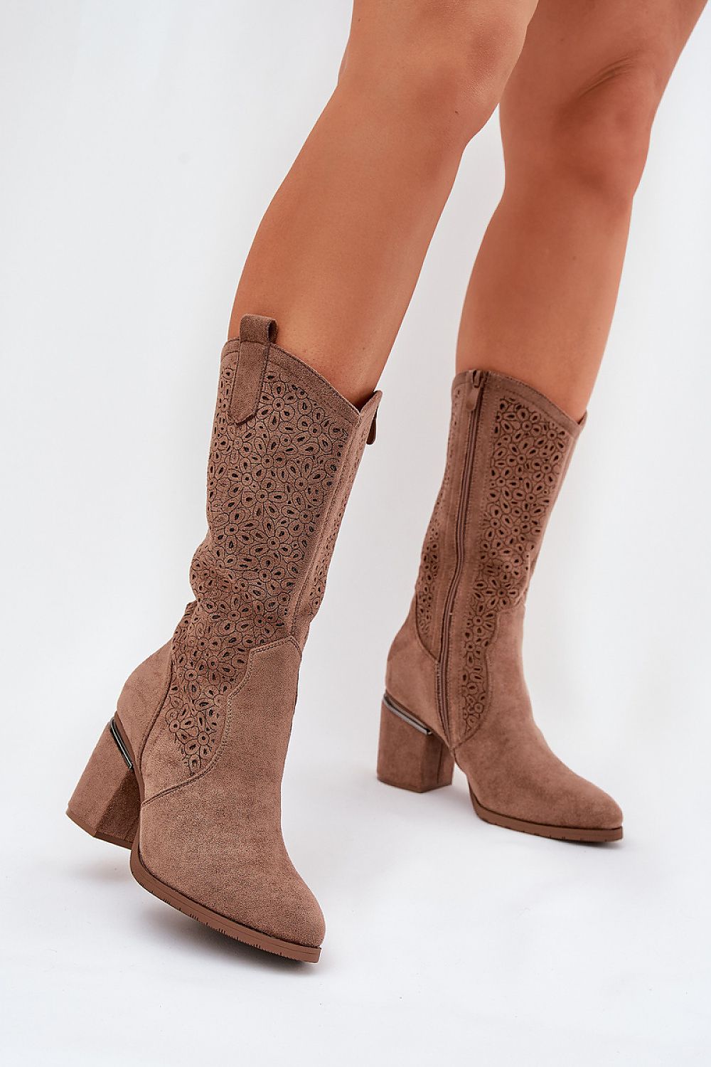 Front view of S.Barski Women’s brown eco suede boots with stylish column heel and zipper closure.