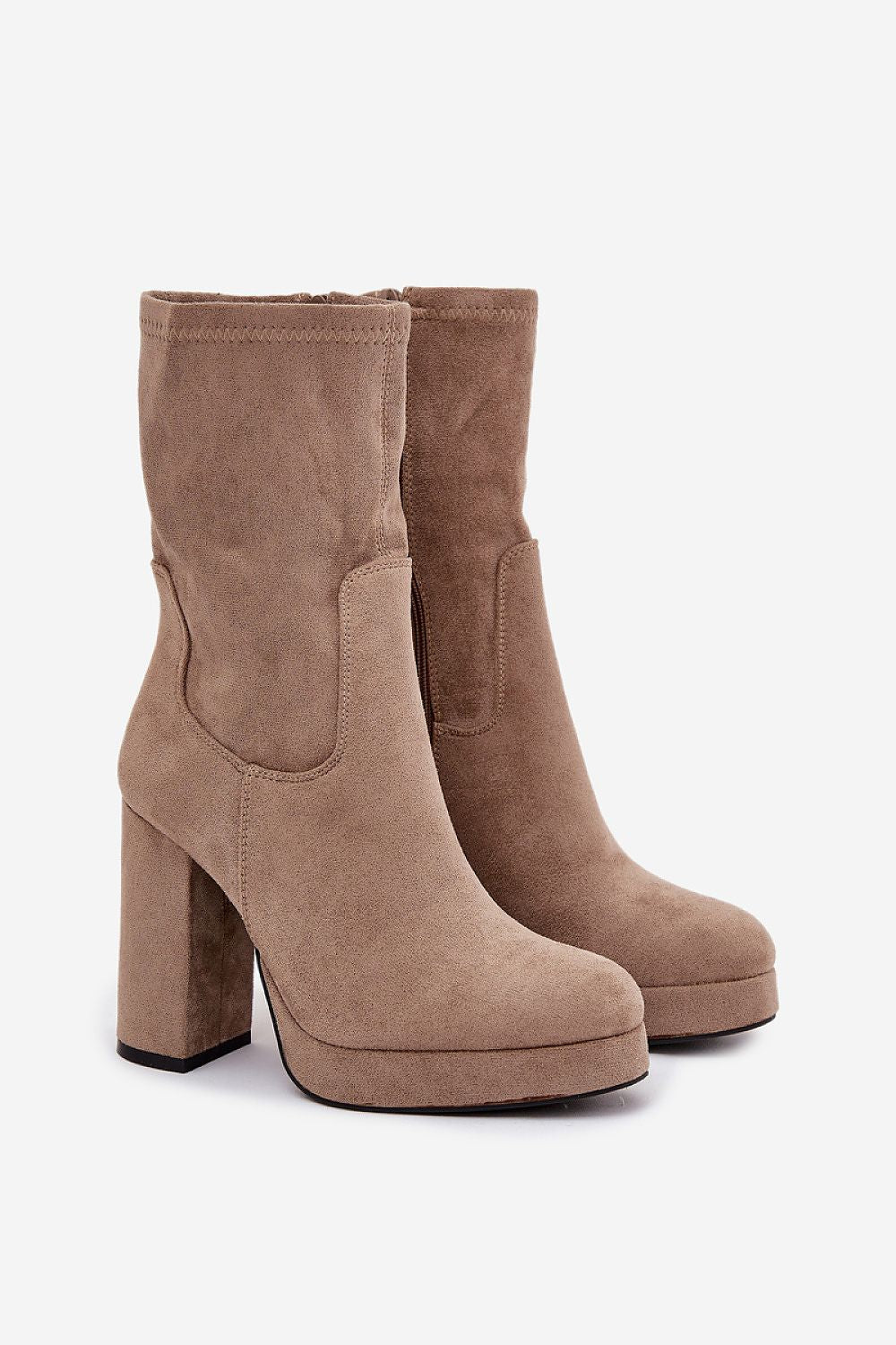 Front view of beige eco suede ankle boots with high column heel