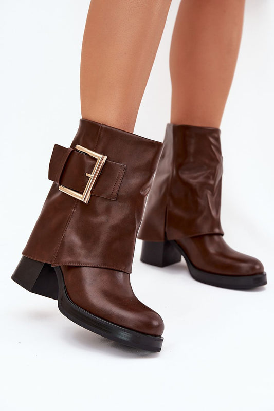  Front view of Liora Women’s brown eco leather ankle boots with column heel and gold buckle detail.