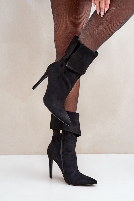 Front view: Front view of Sophia women’s elegant eco suede ankle boots with stiletto heel and pointed toe.