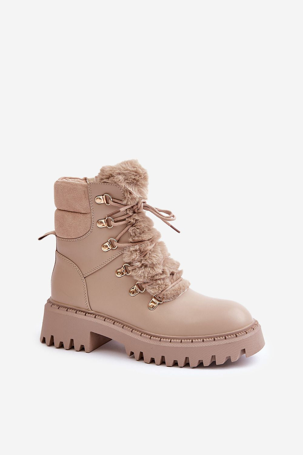  Standalone beige eco leather ankle boots with fur detail on tongue