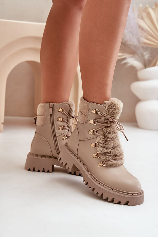Front view of beige women's eco leather ankle boots with fur tongue
