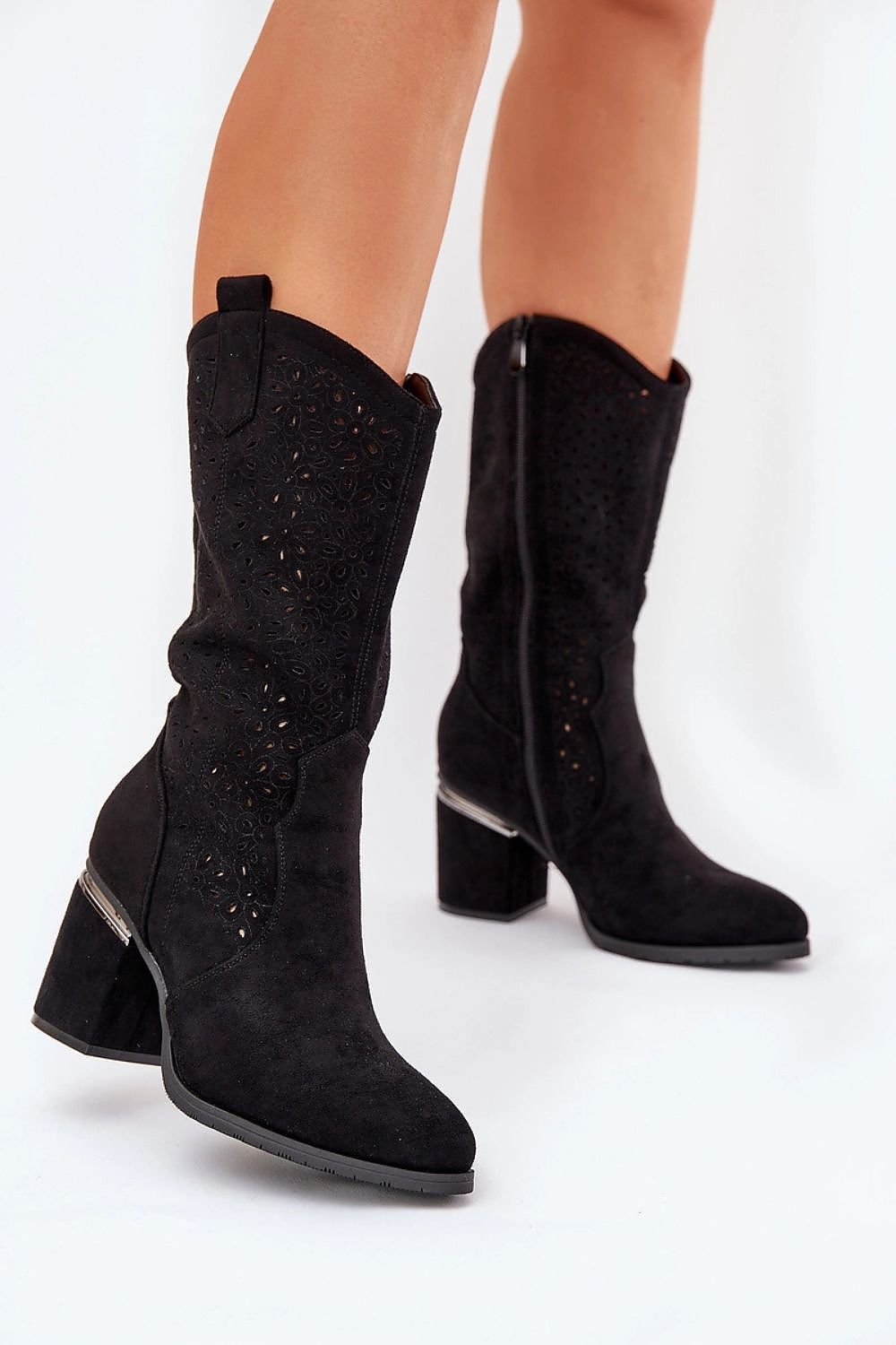 Front view 2 of S.Barski Women’s black eco suede boots with column heel and reinforced heel counter.