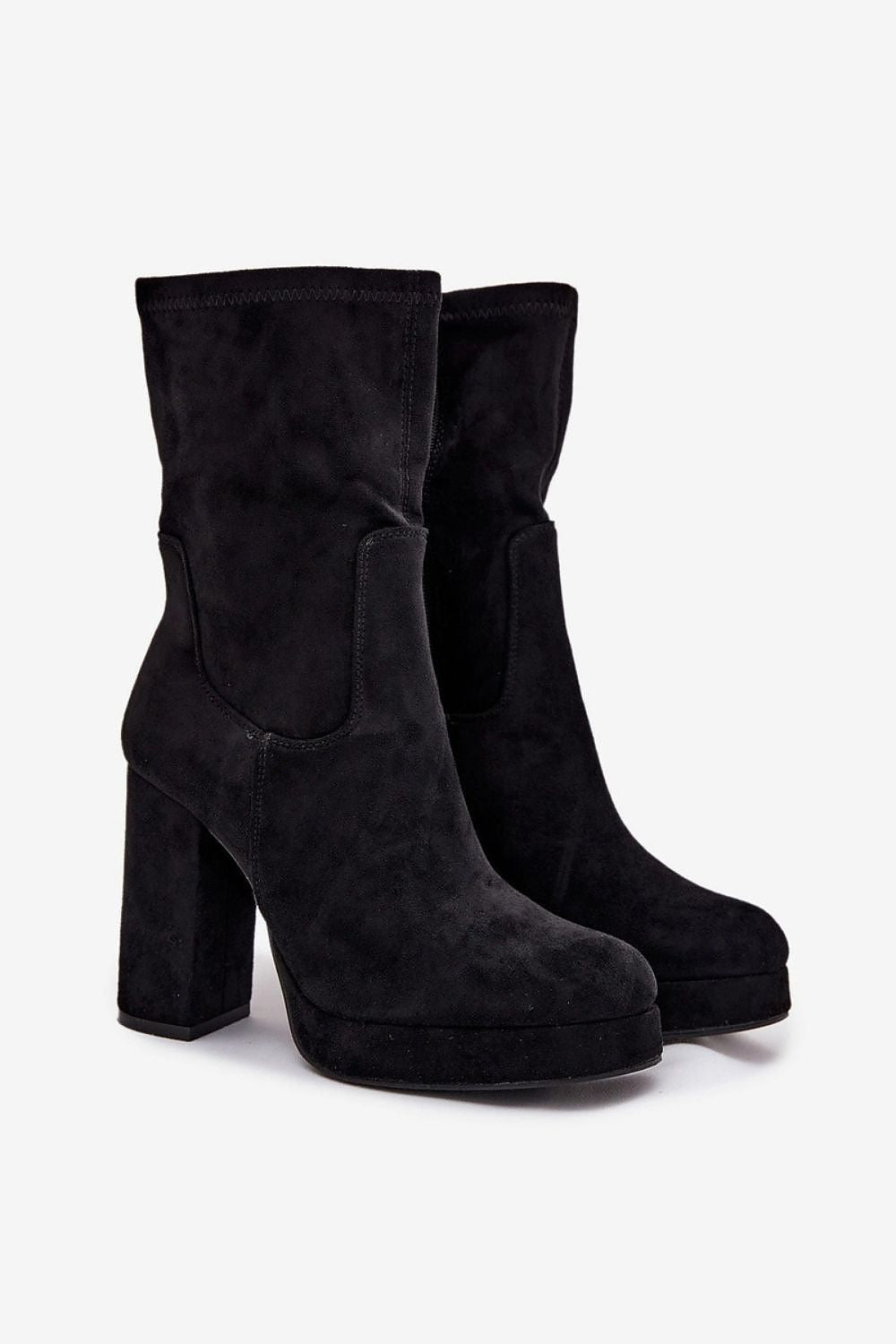 Front view of black eco suede ankle boots with high column heel
