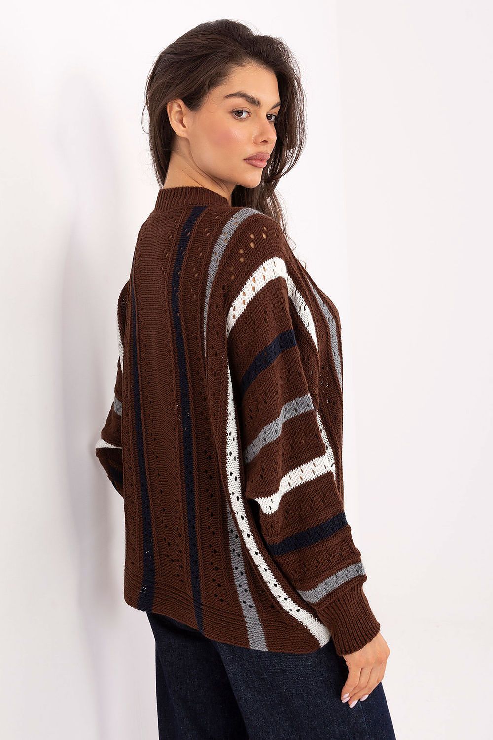Cozy brown striped sweater, casual oversized fit for everyday wear.