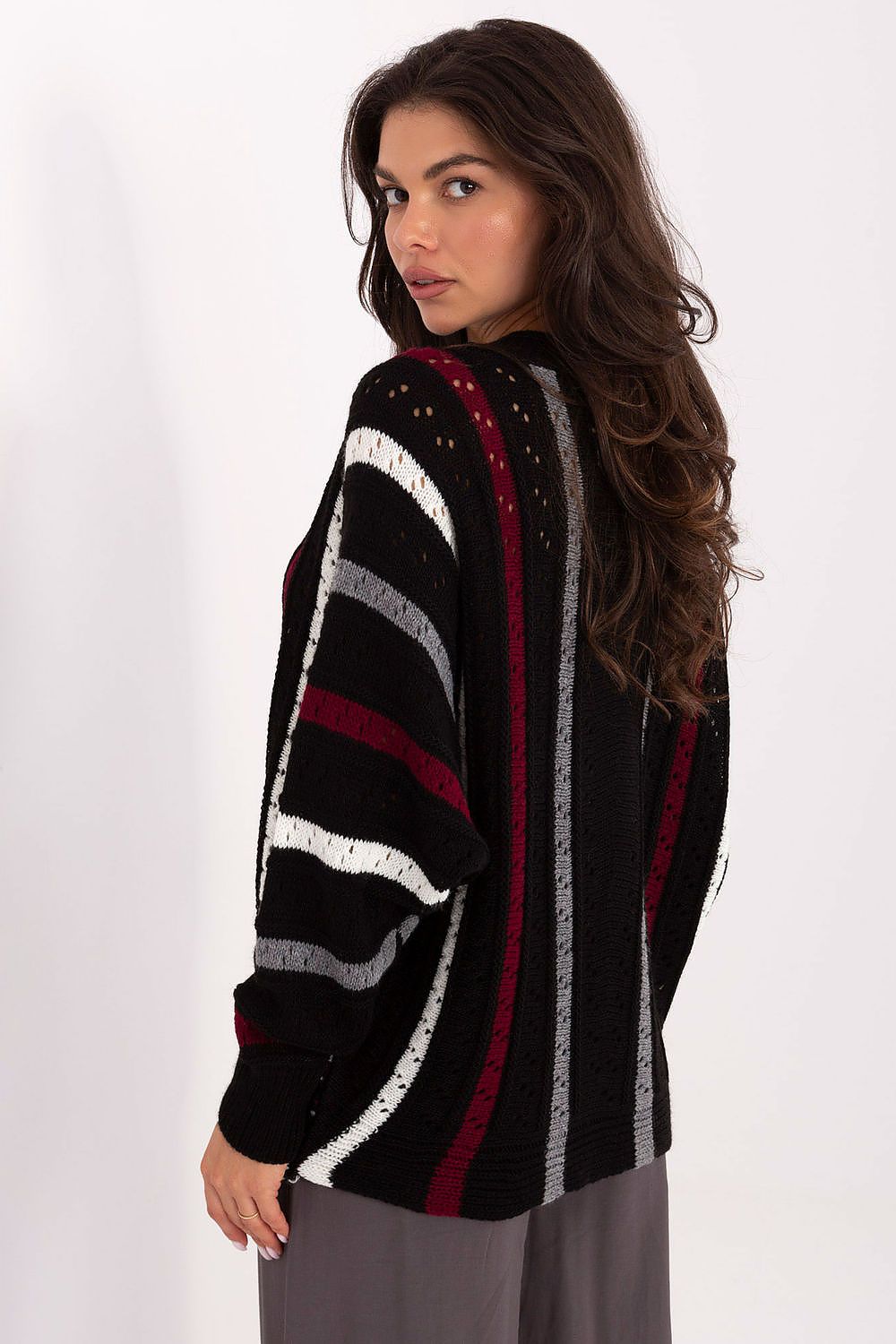 Elegant black striped pullover sweater for women, front view.
