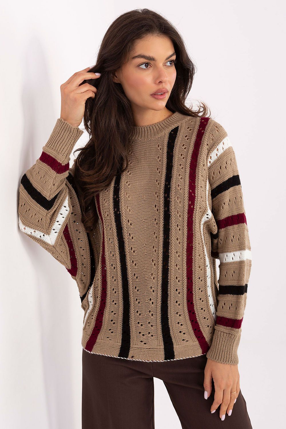 Beige oversized openwork sweater with stripes and casual cut.