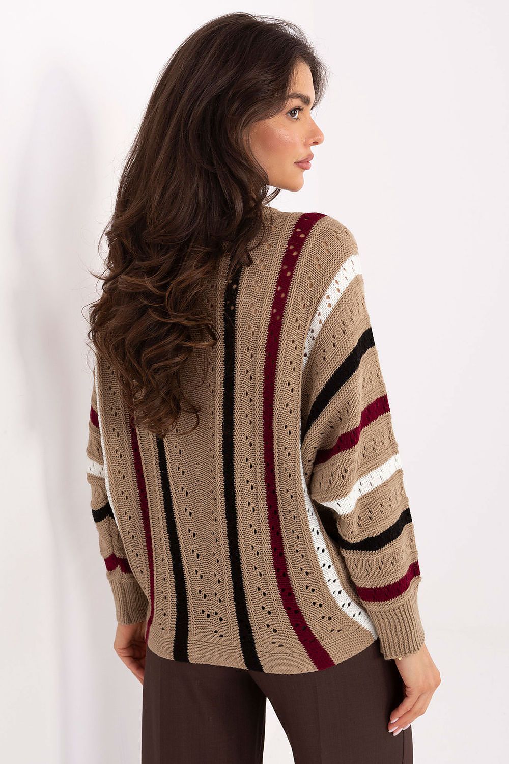 Cozy beige striped sweater, everyday wear for autumn and winter.