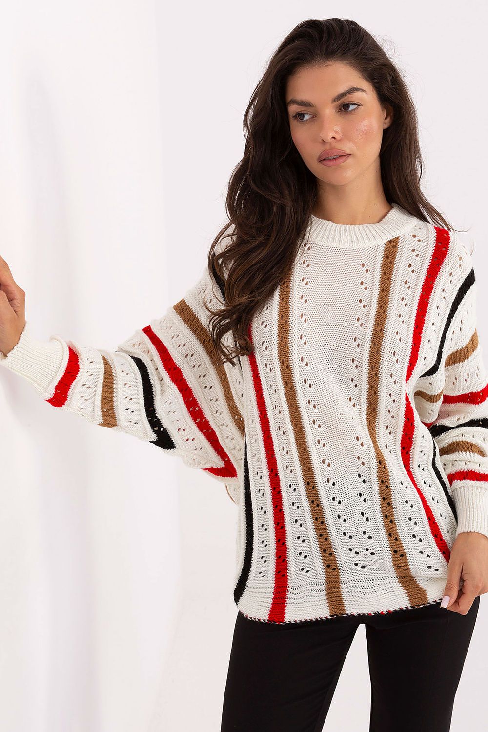 Light beige women’s openwork sweater with striped pattern, front view.