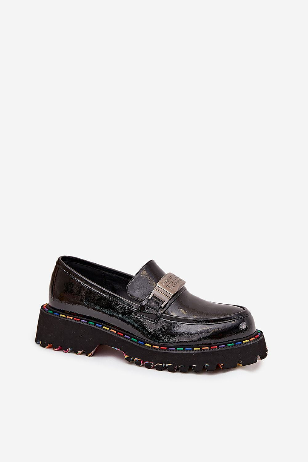 Standalone image of Artiker women’s patent leather moccasins with number plate decoration