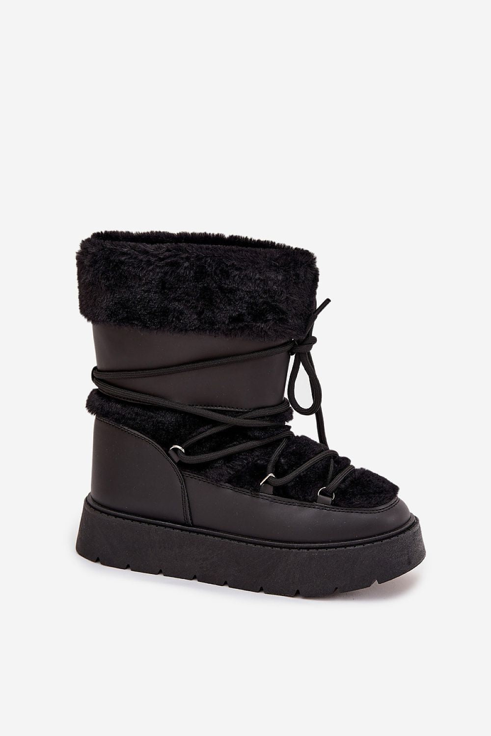 Standalone image of black women’s snow boots with fur inside and outside