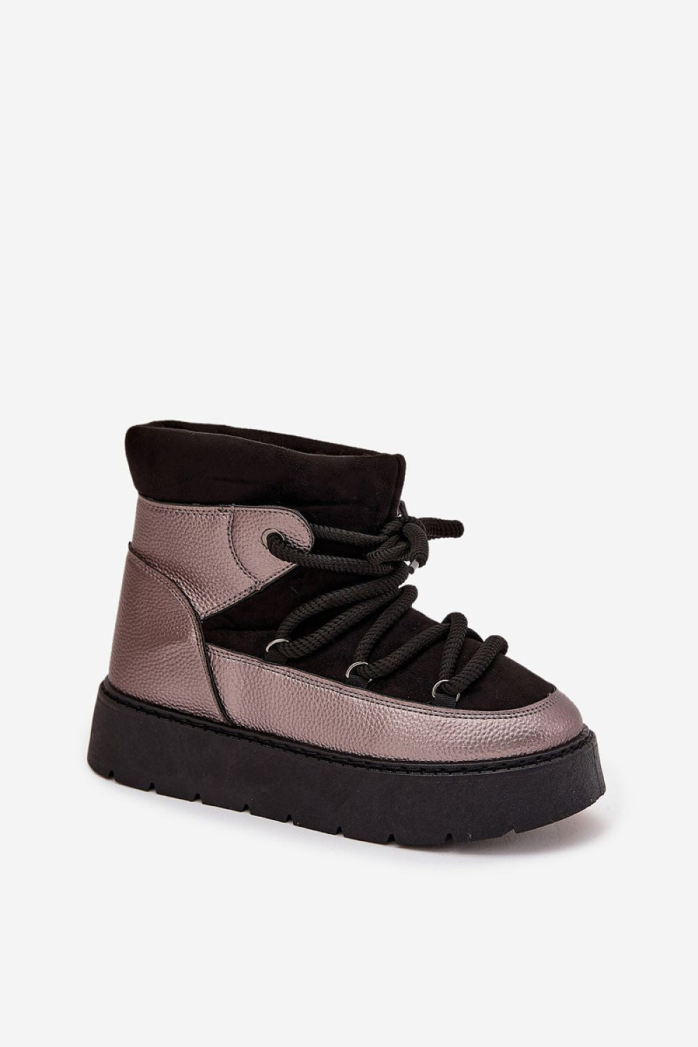 Standalone image of black women’s low snow boots with plush fur interior