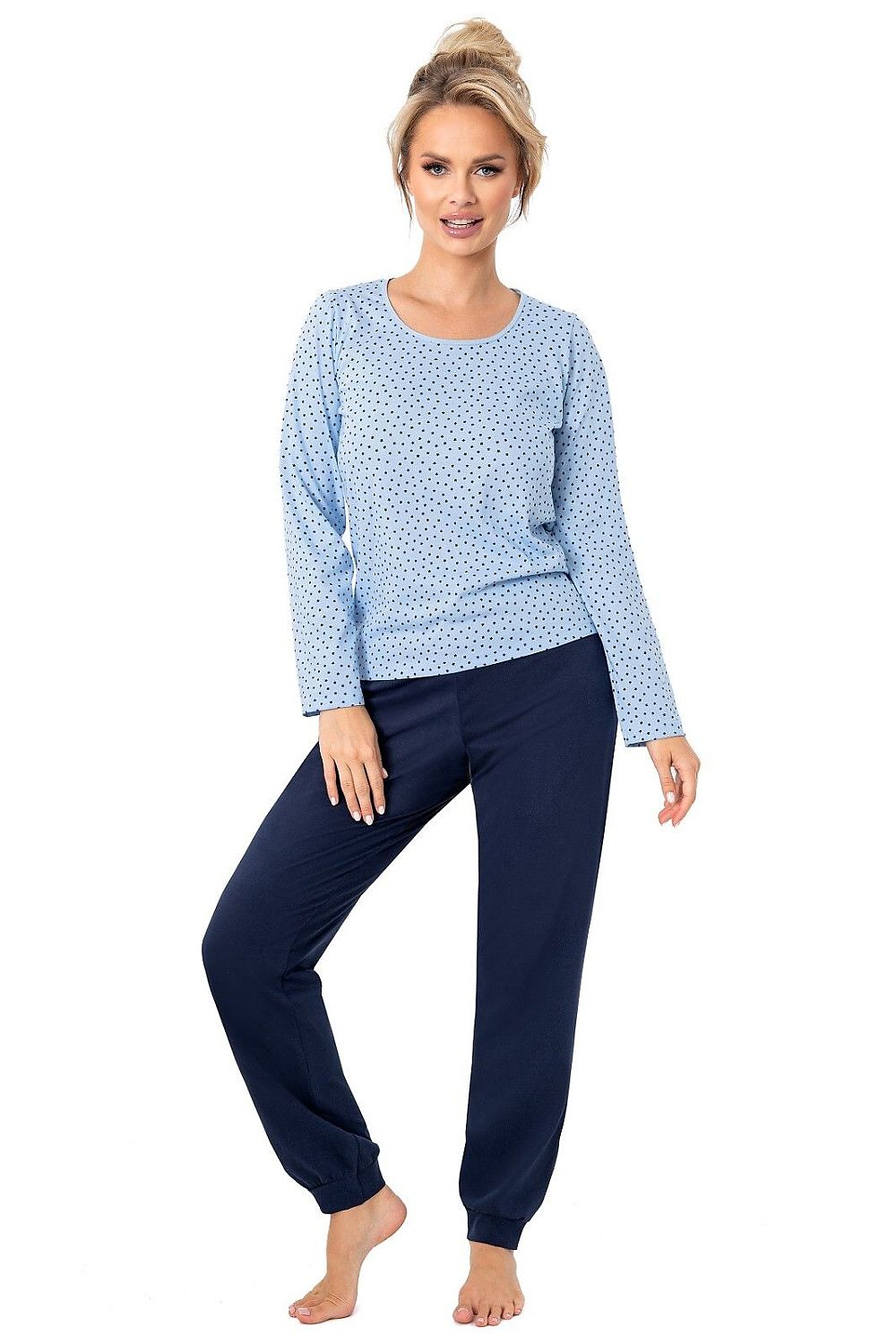 Women's navy cotton pyjama set with star-print long-sleeved top and matching full-length trousers