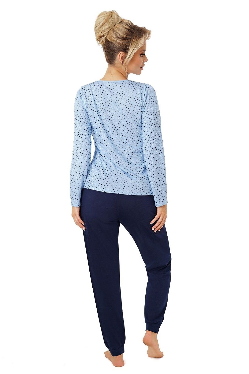 Women's navy cotton pyjama set with star-print long-sleeved top and matching full-length trousers-rear-view