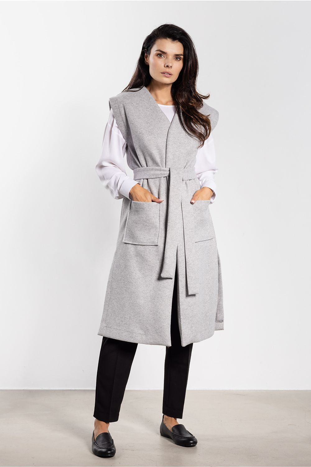grey long spring gilet with belt and side slits