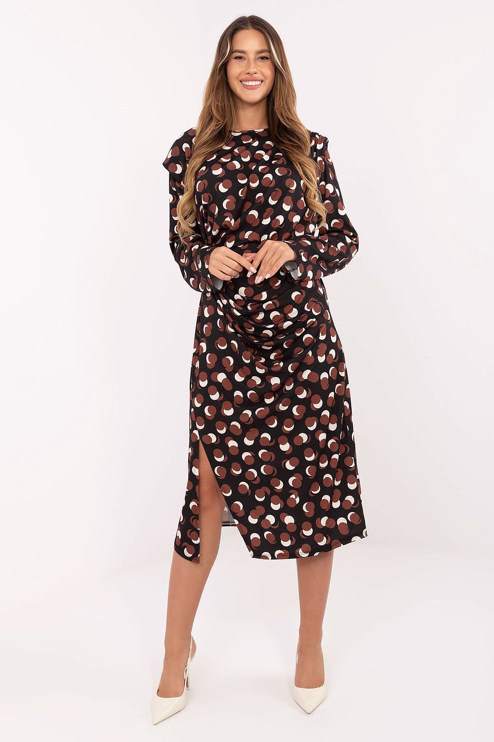 Front view – Elegant women’s geometric midi dress with long sleeves, round neckline, and draping at the waist.