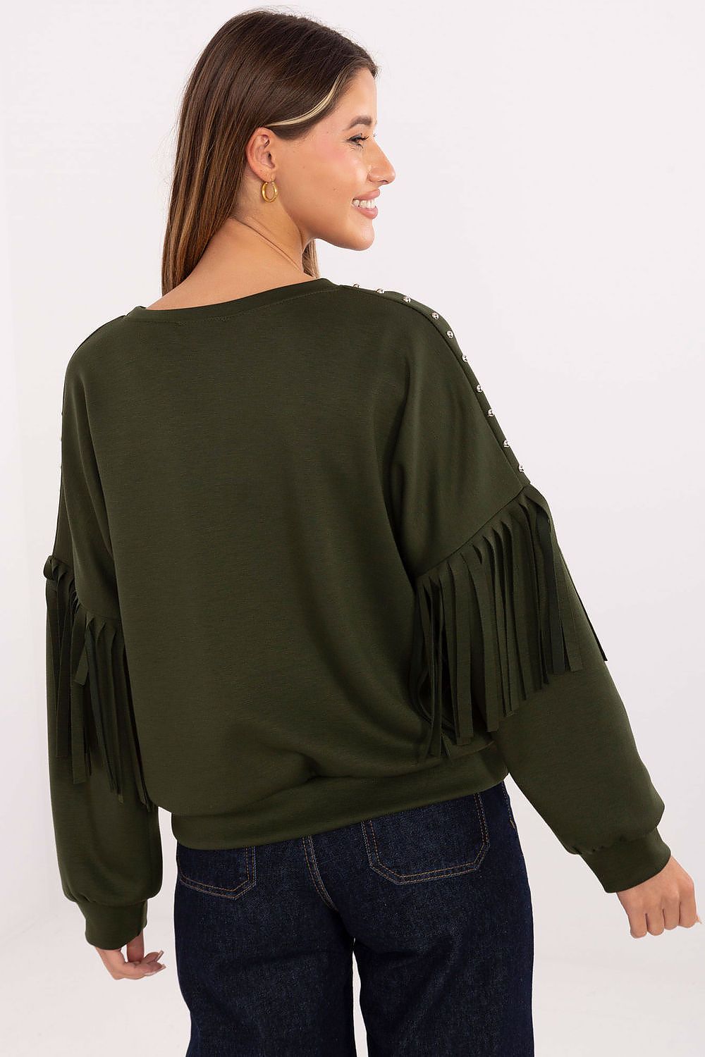  Standalone sweatshirt image – Women’s casual studded fringe sweatshirt displayed on a white background.