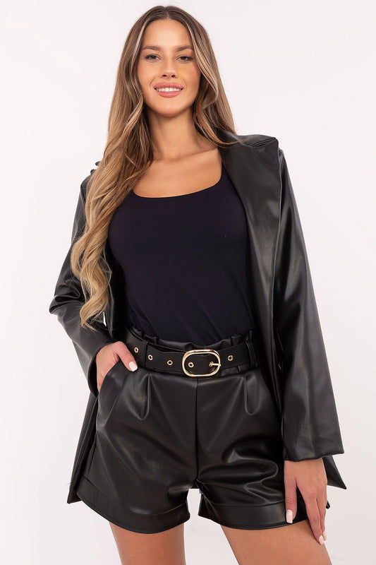  Front view – Elegant women’s eco leather high-waisted shorts with belt and wide legs.