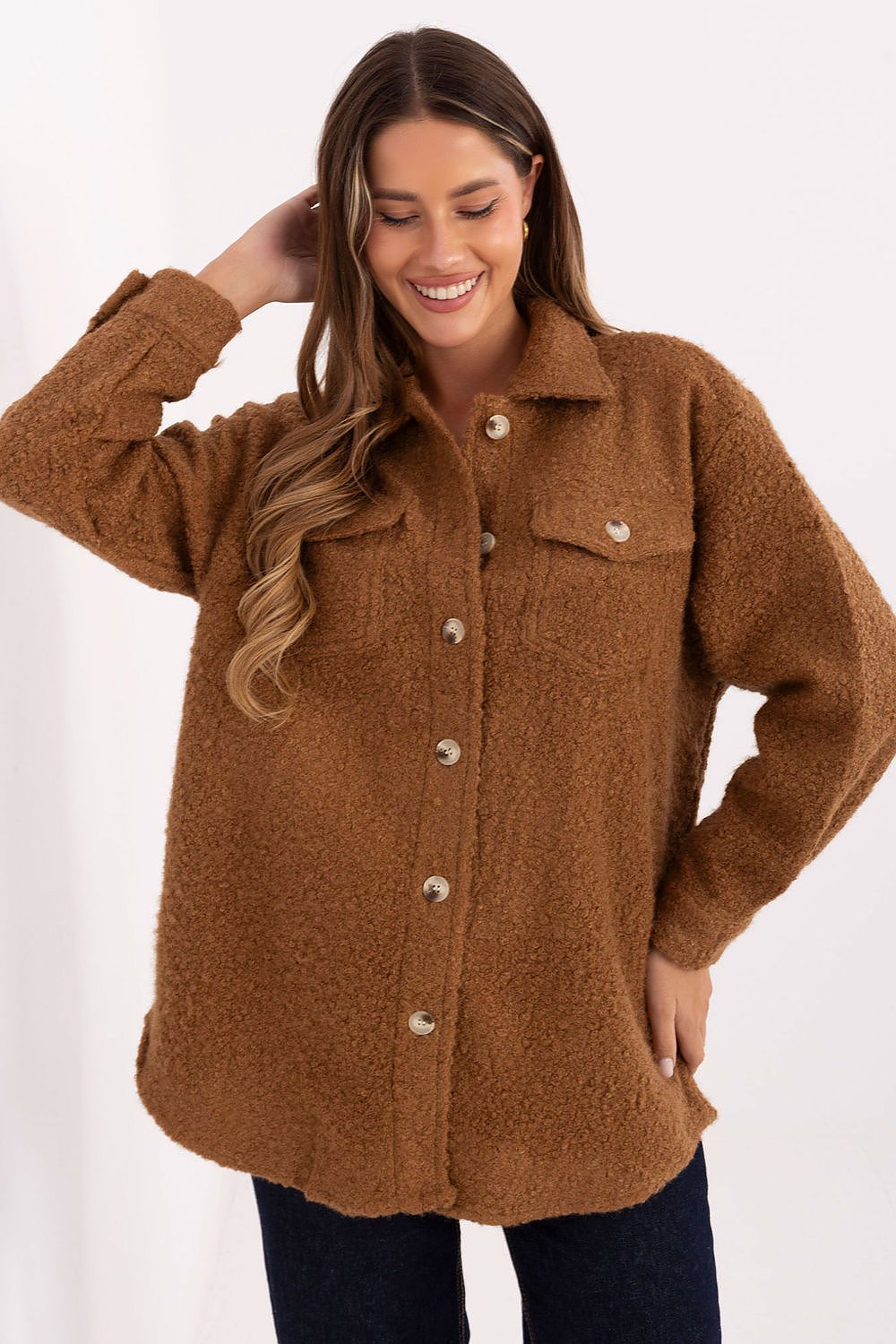 Brown bouclé women’s shirt with long sleeves and collar, front view.