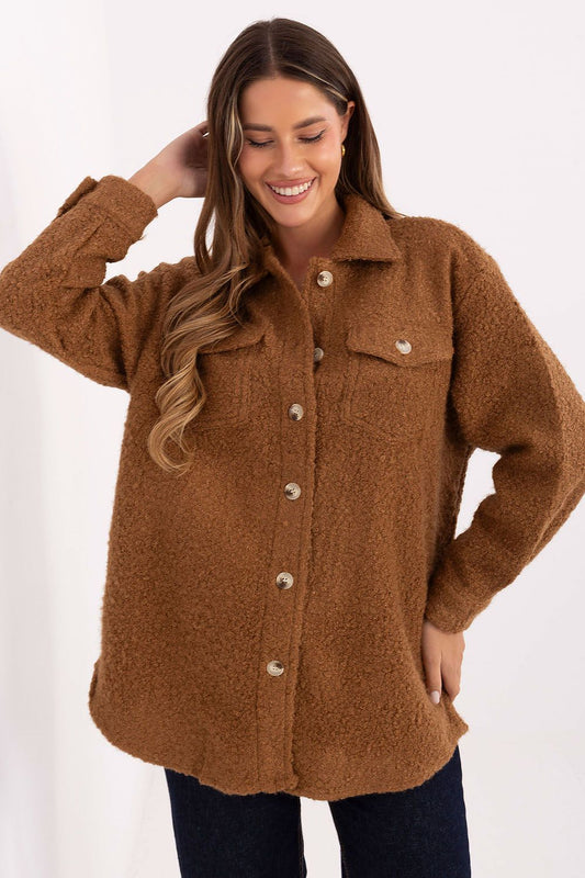 Brown bouclé women’s shirt with long sleeves and collar, front view.