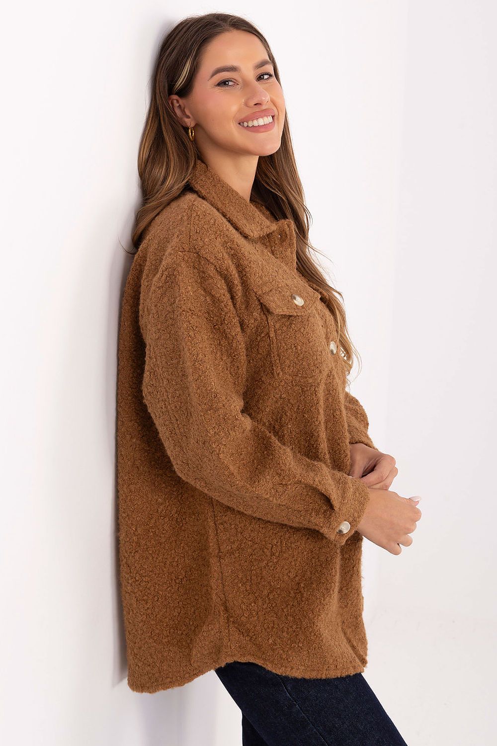 Brown bouclé shirt styled with trousers, lifestyle image.