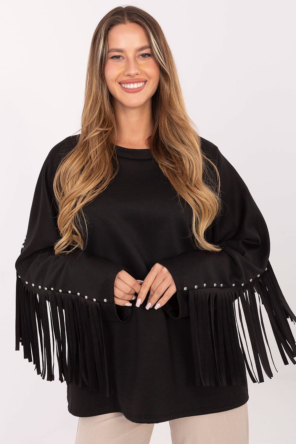  Black sweatshirt with fringe and stud detailing on sleeves, casual look