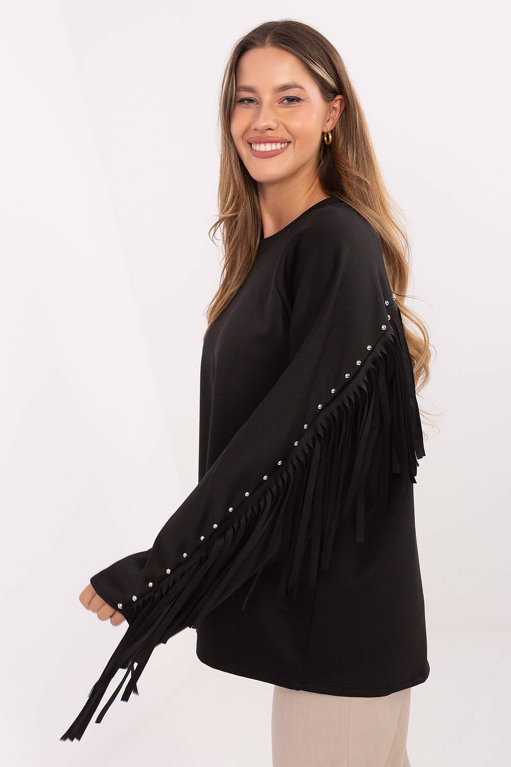  Stylish black sweatshirt back view with unique fringe design and studs