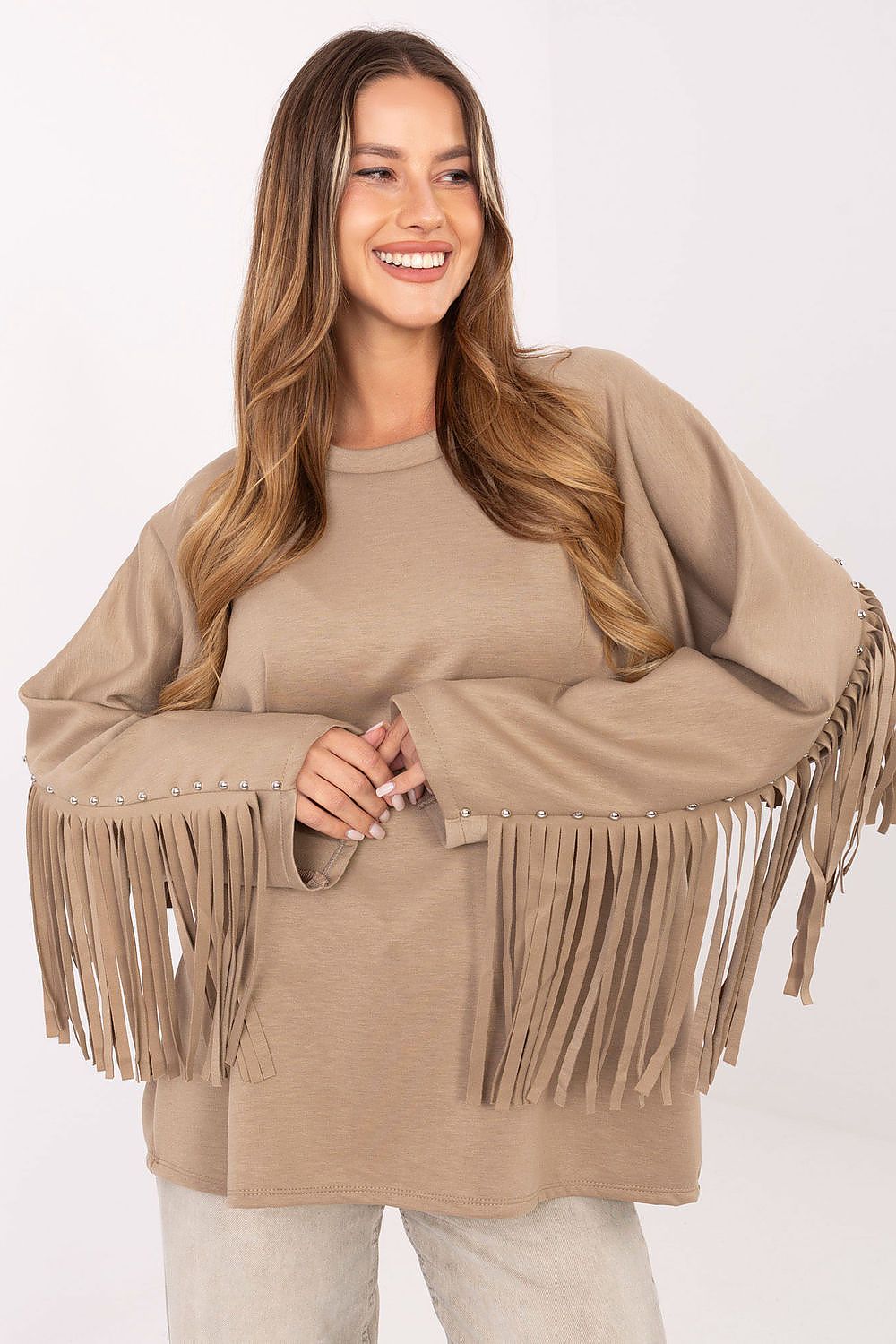  Beige sweatshirt with stylish fringes and studs on sleeves, casual wear