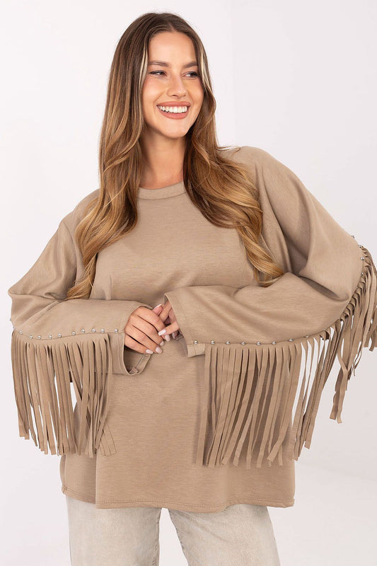  Beige sweatshirt with stylish fringes and studs on sleeves, casual wear