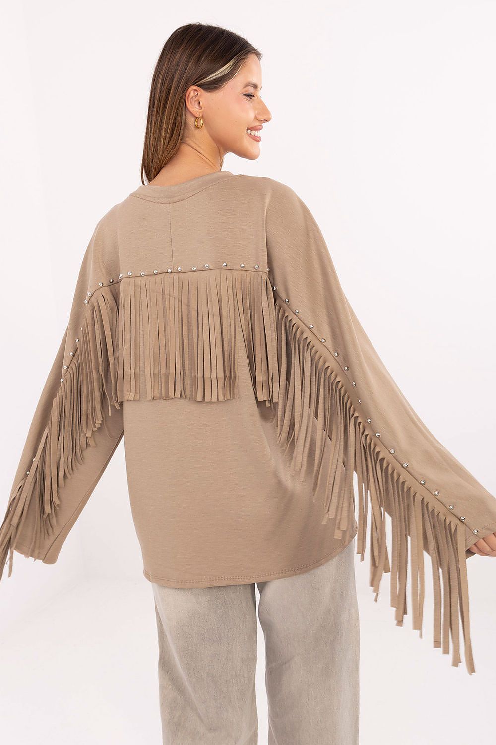  Sweatshirt model 219102 Factory Rear view of beige sweatshirt with dynamic fringe details and stud accents