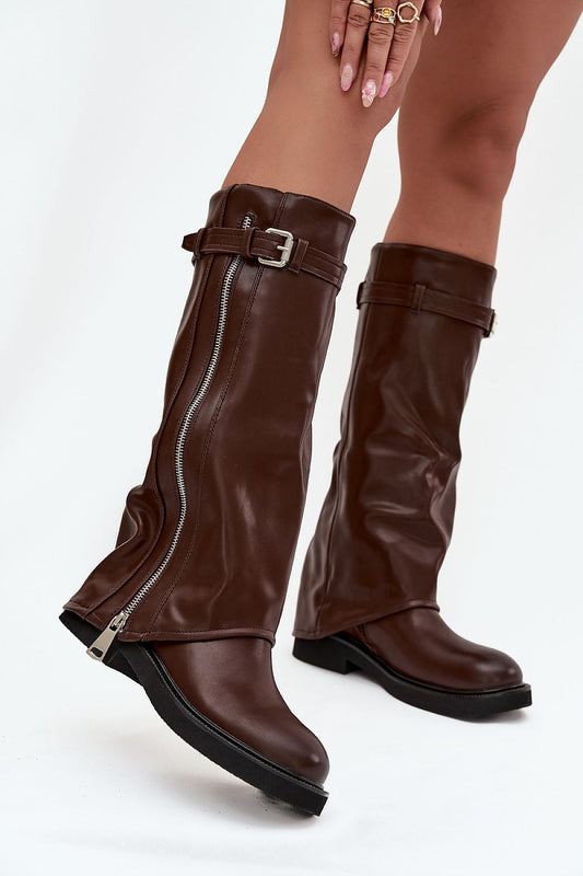 Front view of eco leather folded shaft boots with buckle strap and silver zipper detail.