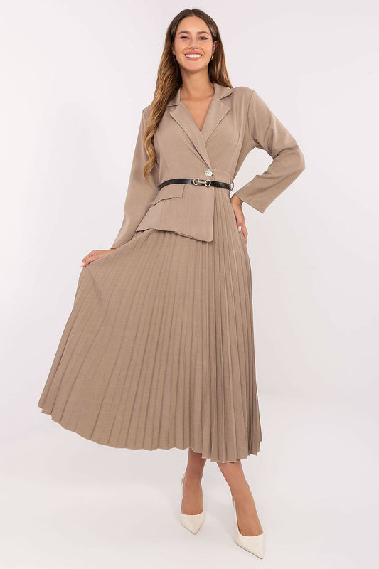  Front view of elegant women’s maxi dress with sailor collar and pleated skirt-beige