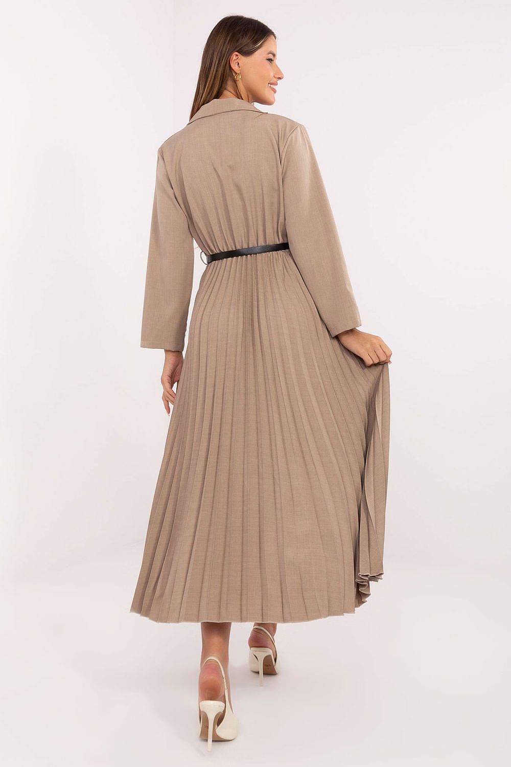 Back view of women’s long sleeve maxi dress with smooth finish and flowing pleats-beige