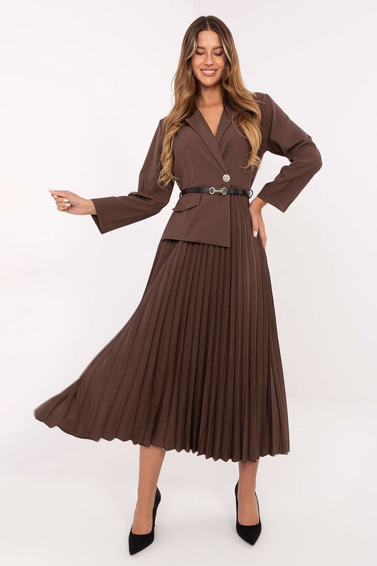 Front view of elegant women’s maxi dress with sailor collar and pleated skirt