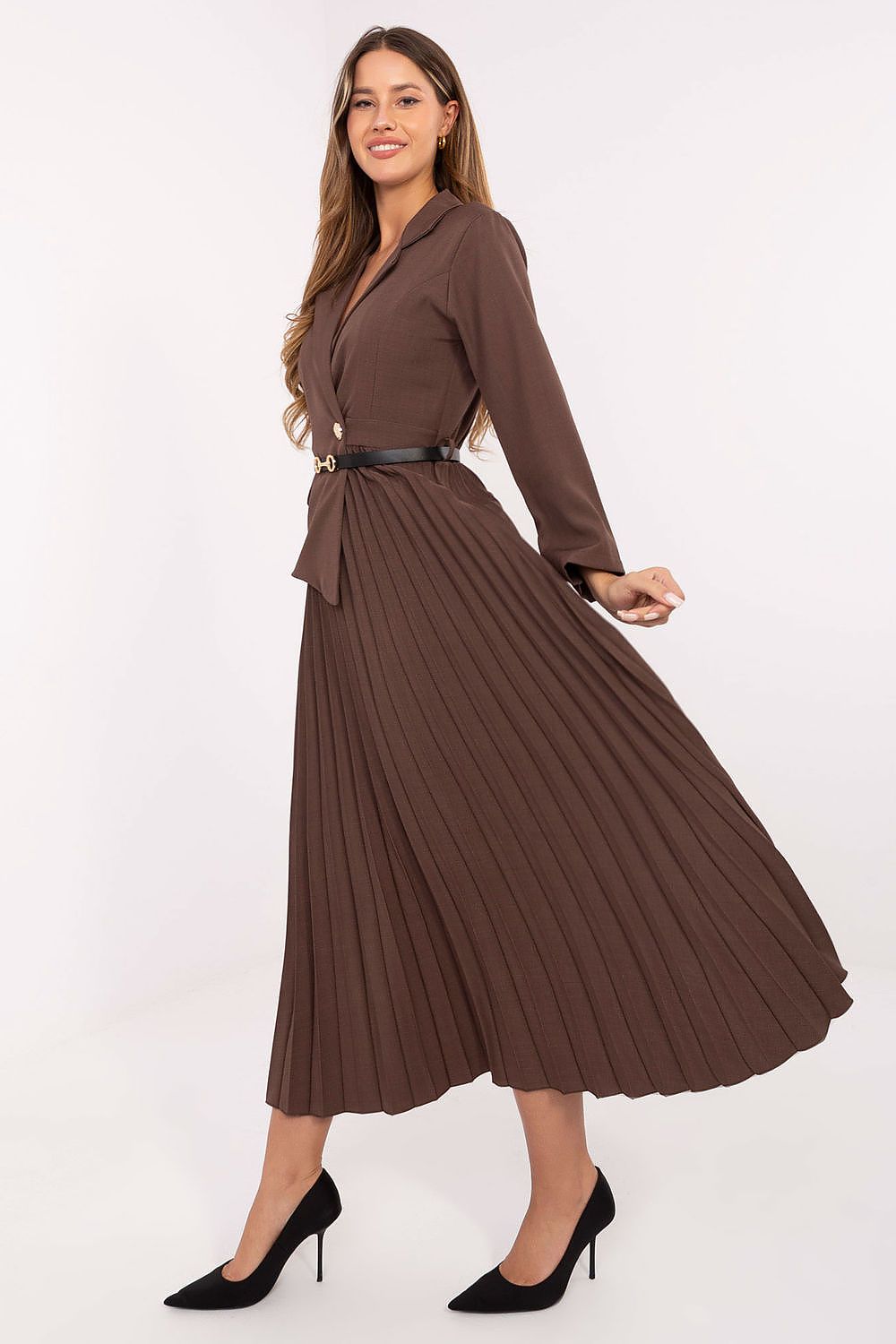 Side view of flared maxi dress showing button closure and waist belt detail