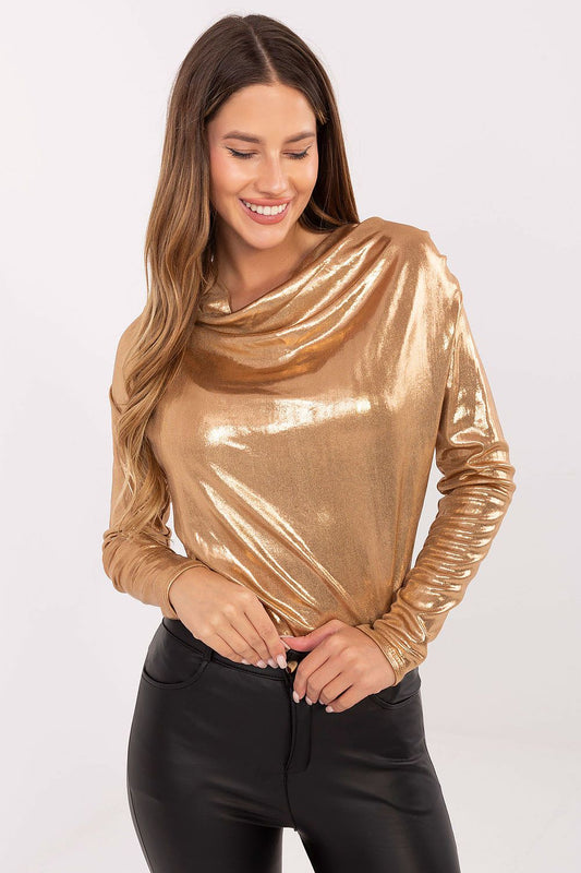 Front view of elegant shiny pleated blouse with long sleeves.