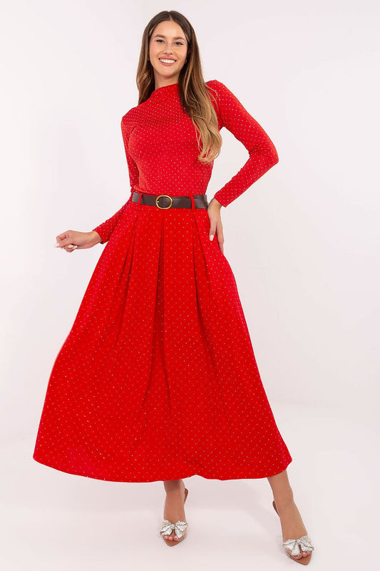 Elegant long maxi skirt with subtle studded details and belted waist.