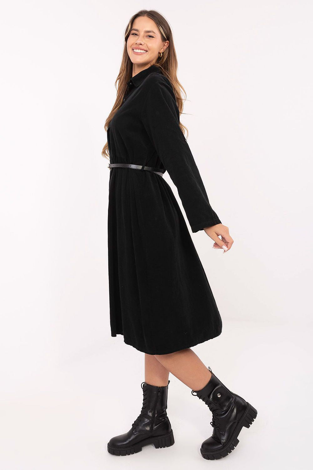 Side view of elegant midi shirt dress in breathable cotton.