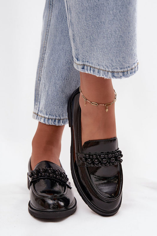 S. Barski patent loafers with decorative beads on the front strap.