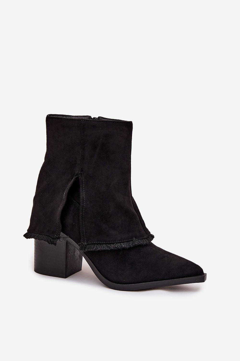 Close-up of eco suede material and column heel detailing on ankle boots.