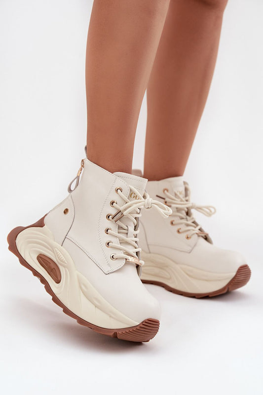GOE natural leather lace-up ankle boots on a massive platform – front angle.
