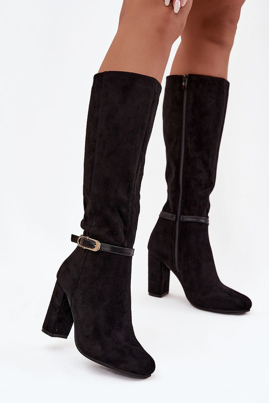 Angled view showing the smooth eco suede finish and chic gold buckle detail.