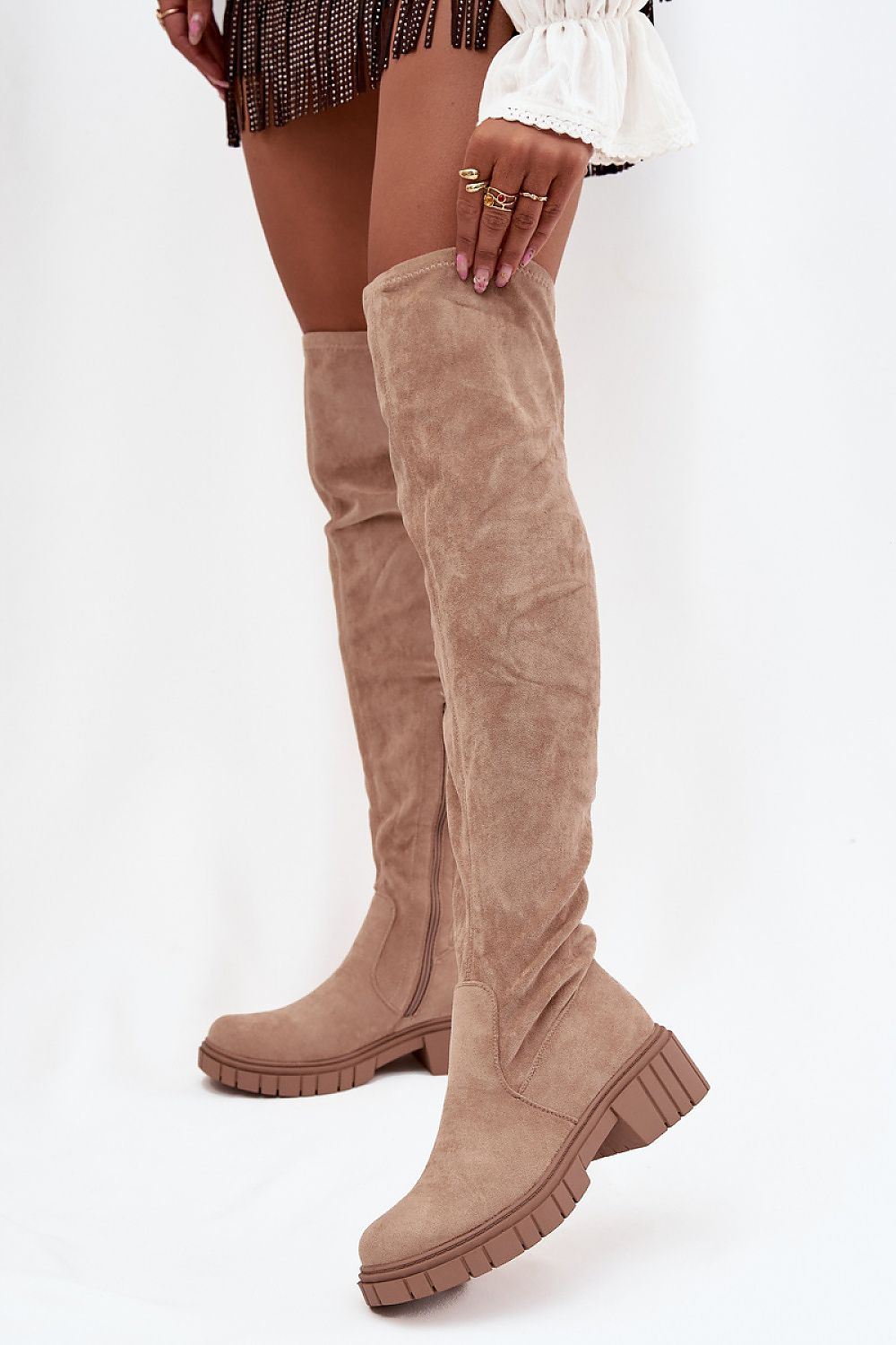 Front view of S.Barski eco suede over-the-knee boots showing their sleek, fitted silhouette.