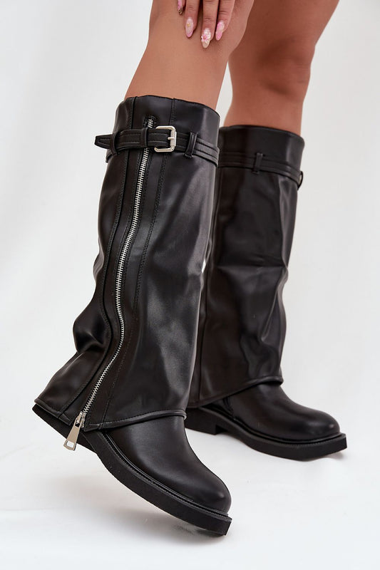  Front view of eco leather folded shaft boots with buckle strap and silver zipper detail.
