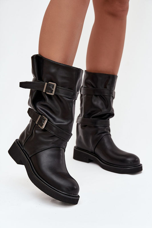  Front view of eco leather mid-calf boots with gathered shaft and buckle strap detailing.