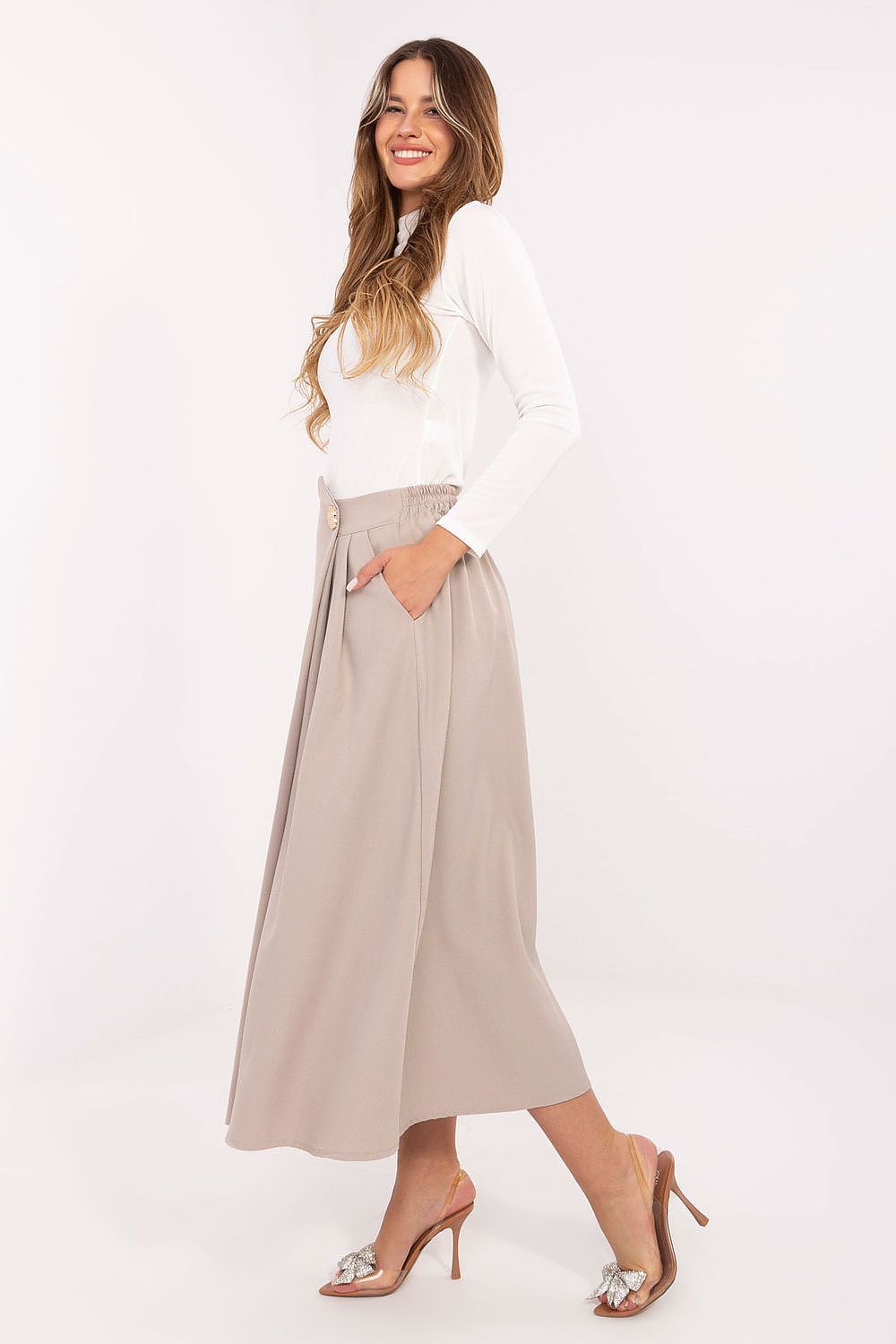 Midi skirt with pleated front and elastic back – side view in beige