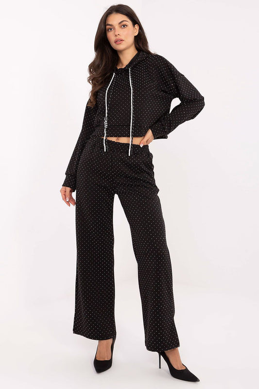  Elegant jet-embellished tracksuit set featuring a hoodie and wide-leg pants in black