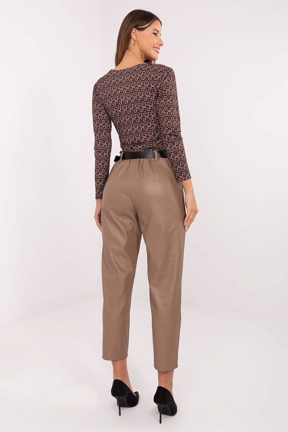Beige elegant leatherette pants with smooth finish and pockets – back view.
