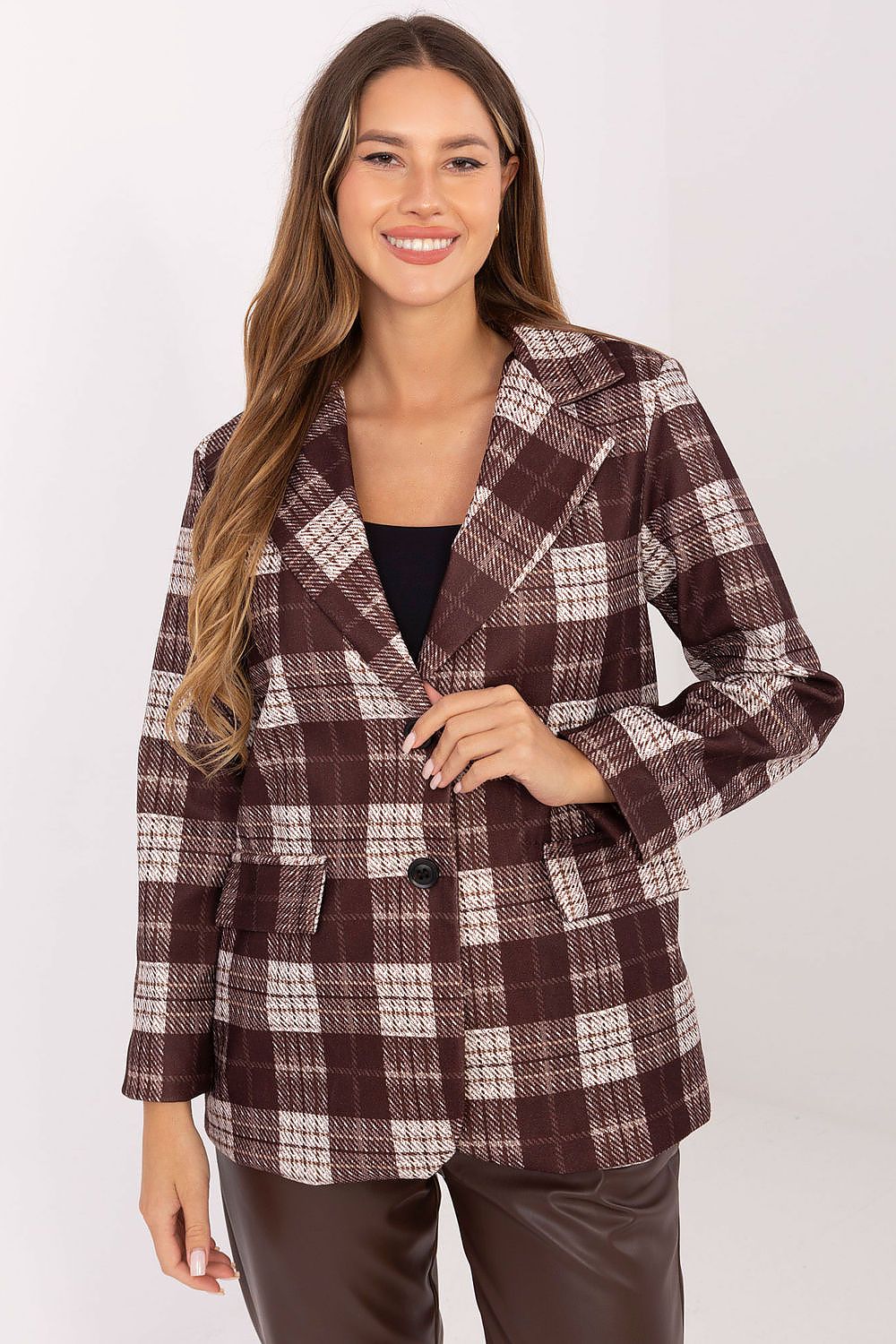 view of the checkered blazer highlighting structured shoulders and fitted silhouette in brown