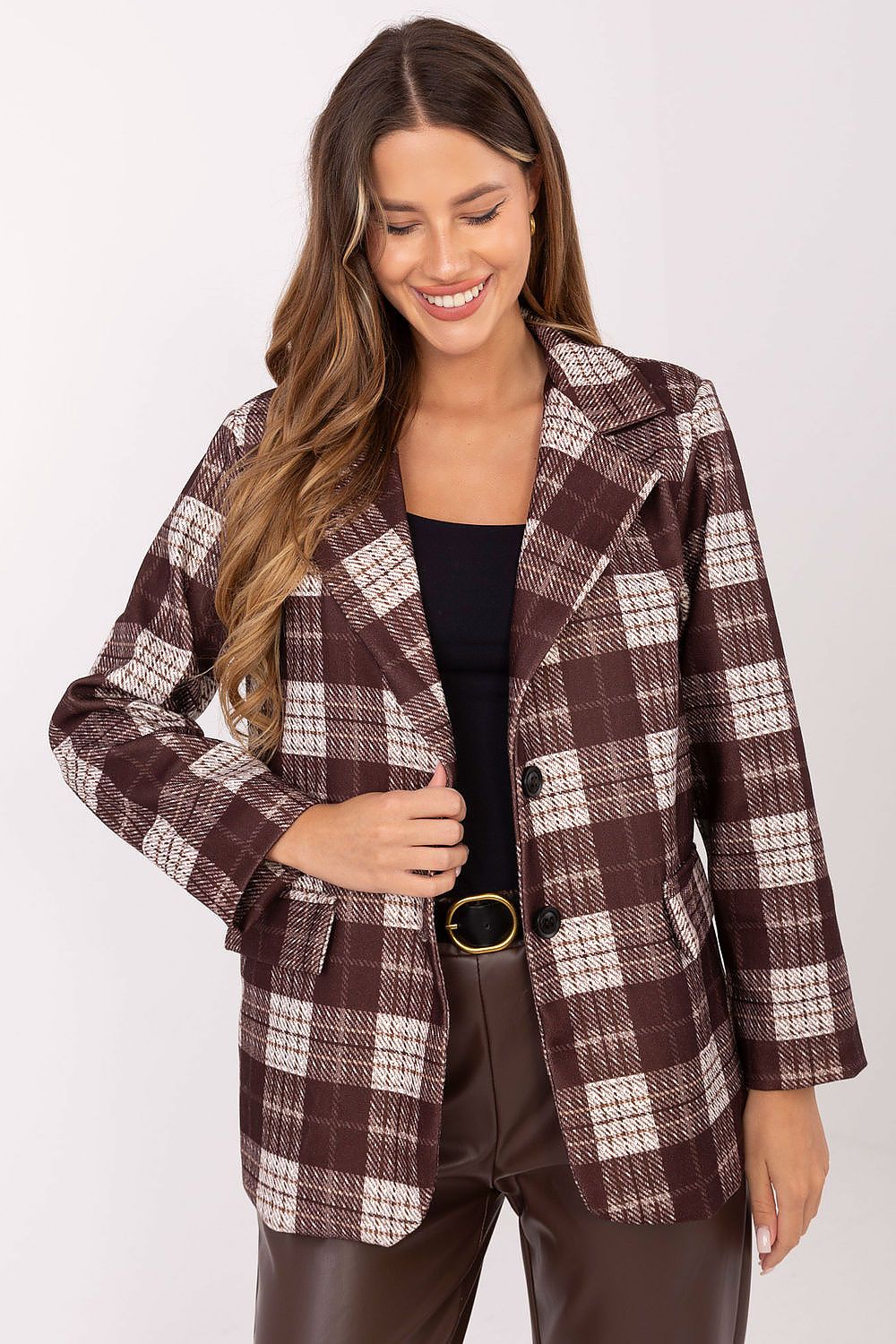Checkered blazer front view showcasing classic two-button closure and lapel detail in brown